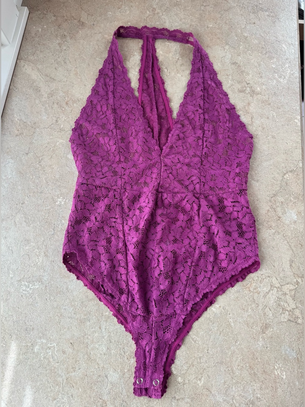 Free People Intimately Avery Lace Bodysuit, Vibrant Orchid- Size Medium